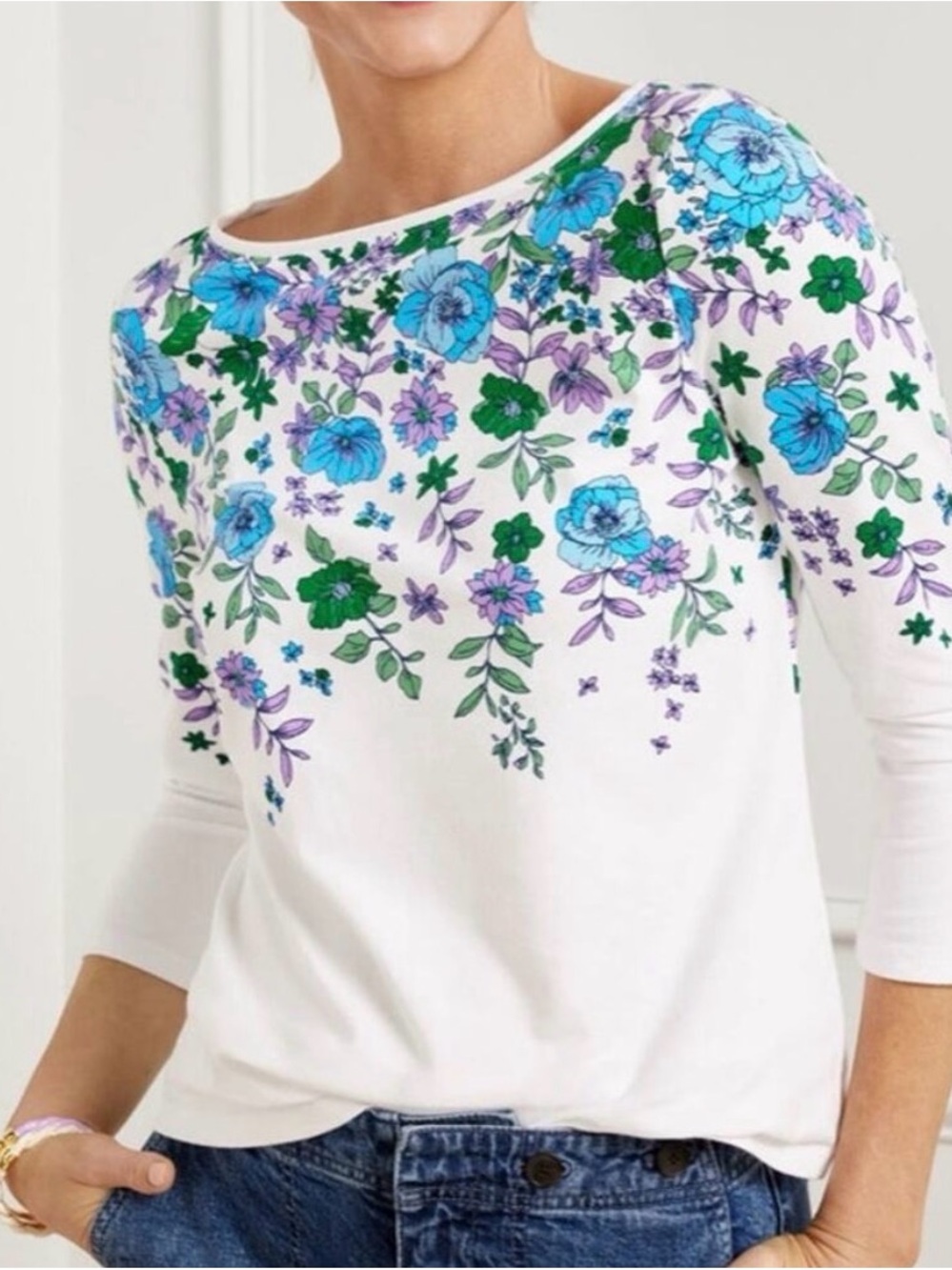 Talbots White Long-Sleeve Top with Blue, Green & Purple Floral Print
